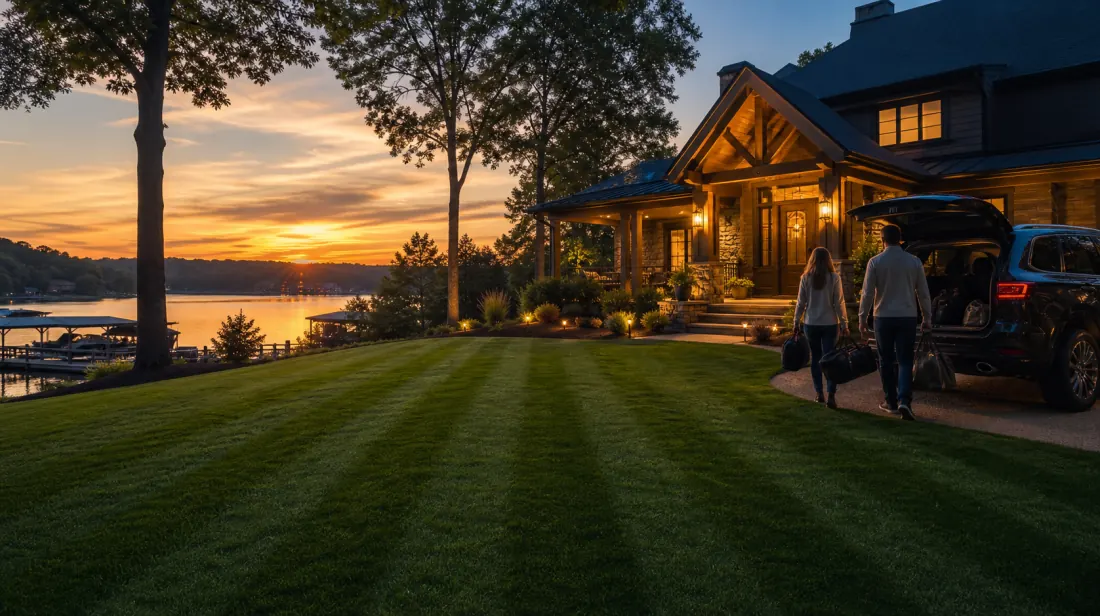 Lake home arrival with finished lawn