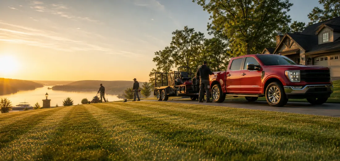Lawn care crew at dawn near the lake