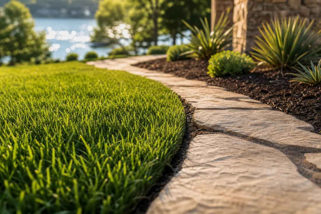Clean lawn edge along stone walkway