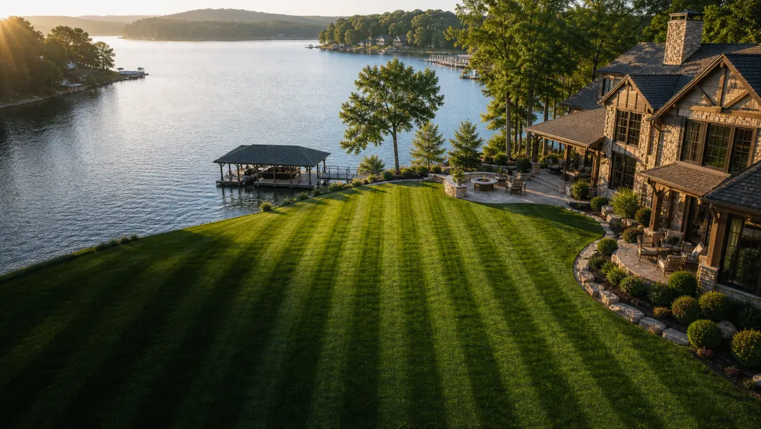 Cinematic drone view of a finished lakefront lawn